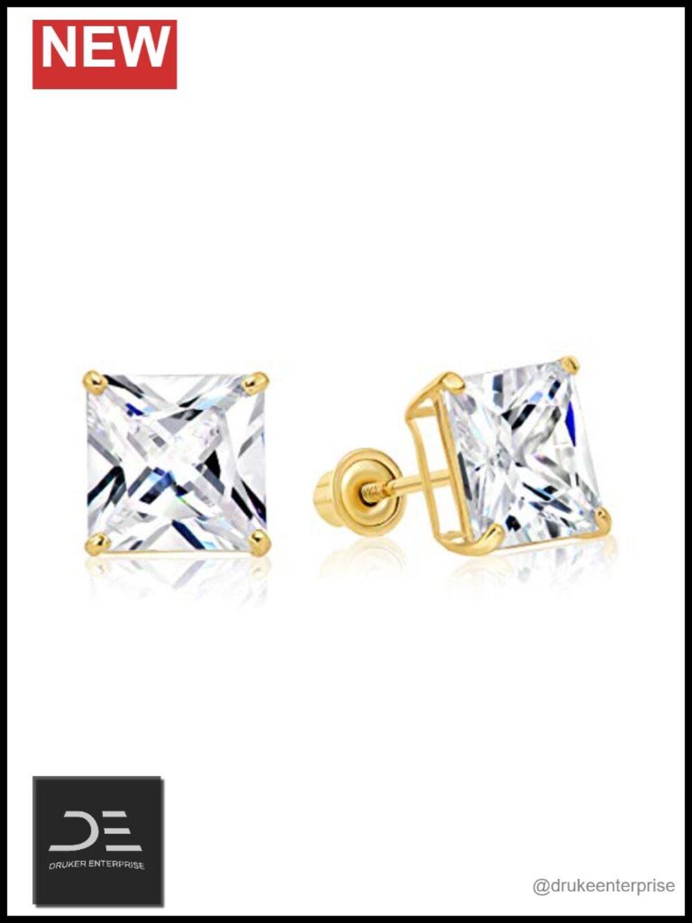 14k Yellow Gold Princess-Cut CZ Stud Earrings Screw-Backs 7mm